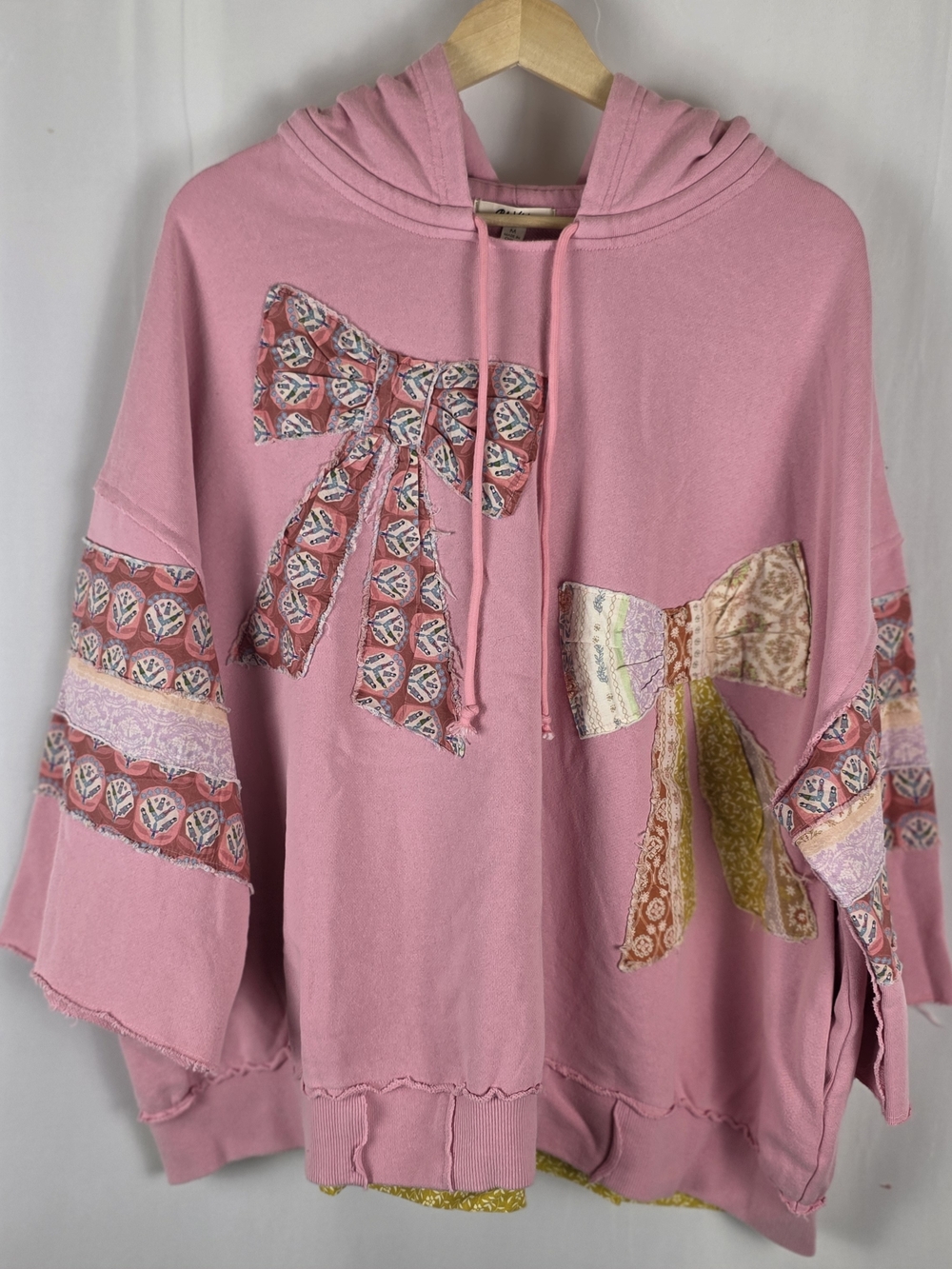 Blue Velvet Boutique Pink Patchwork Bow Hoodie NWT Medium Boho Oversized Top